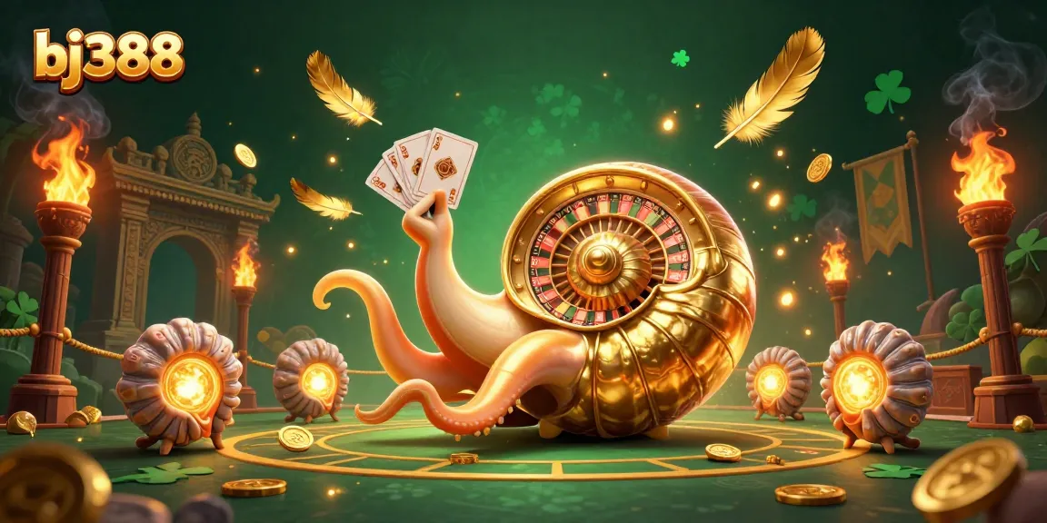 BJ388 illustrates an exciting casino adventure with a giant nautilus as a roulette wheel, showcasing vibrant game elements.