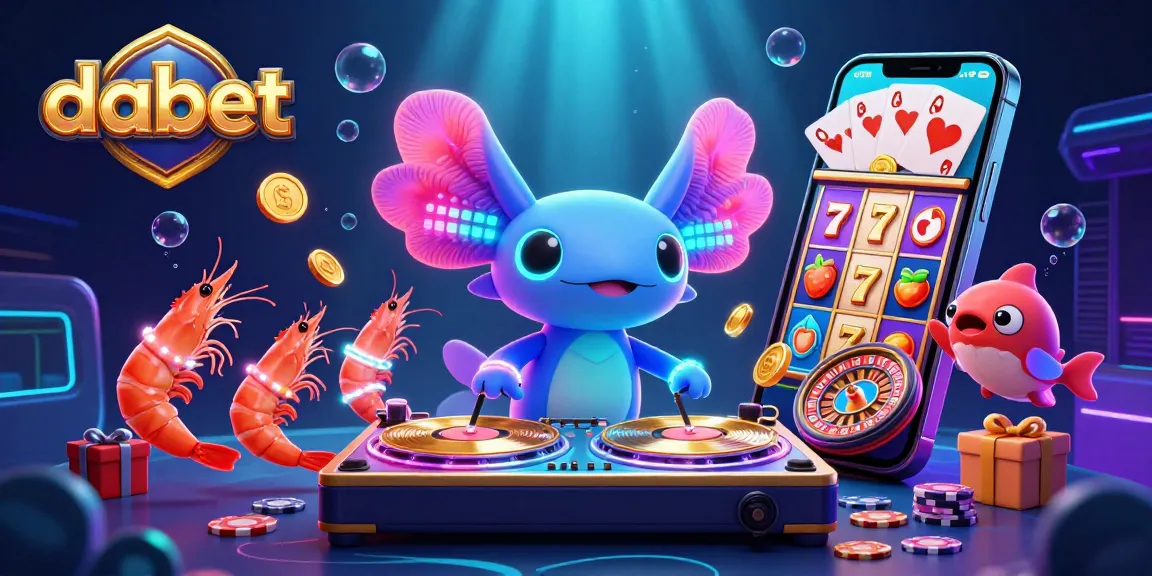 dabet showcases vibrant 3D casino-themed illustration featuring a DJ axolotl and vibrant gaming elements.