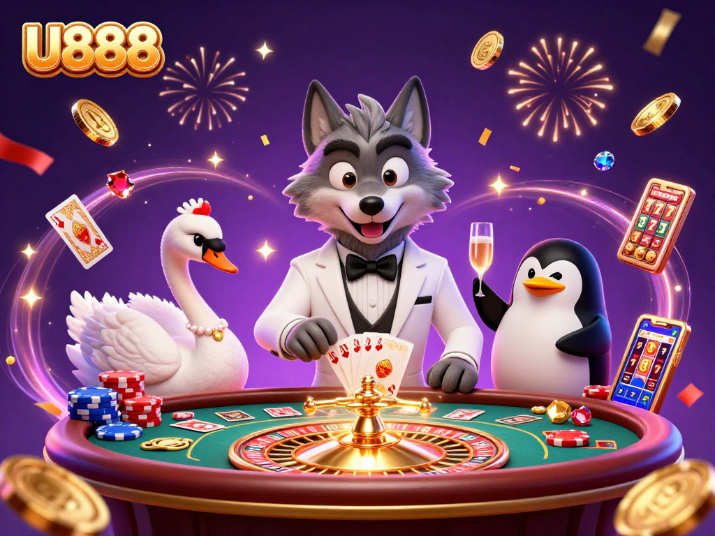 Experience the excitement of U888 with a dynamic 3D casino scene featuring a captivating baccarat table and vibrant game elements.