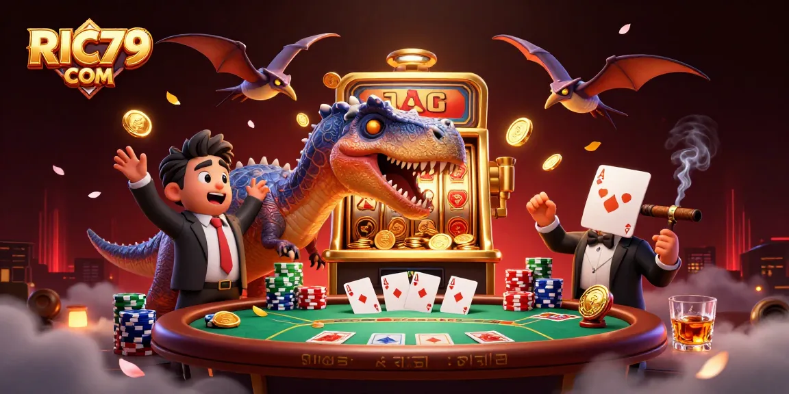 Experience RIC79 COM as a pachycephalosaurus wins slots, with a casino manager in a whirlwind of coins.