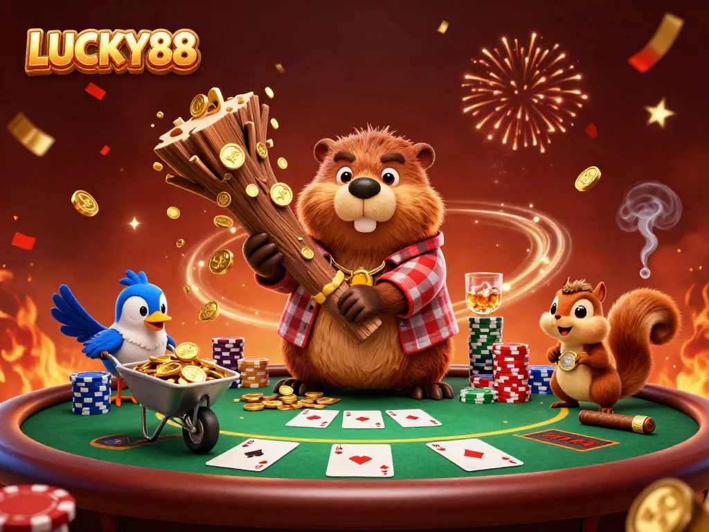 LUCKY88 brings luck with golden coins raining down in a vibrant casino atmosphere.