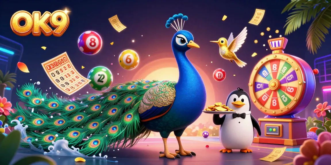 Engage in exciting gaming at OK9 with colorful lottery action and festive characters.