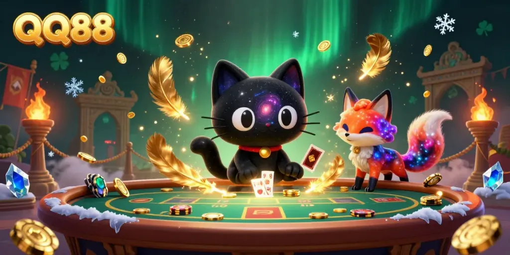 Join QQ88 for an exciting casino experience, featuring a swirling black hole cat and nebula fox amidst dynamic gambling action.