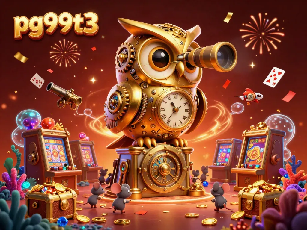 Engage with pg99t3 through an enchanting 3D illustration of a golden owl and casino action.