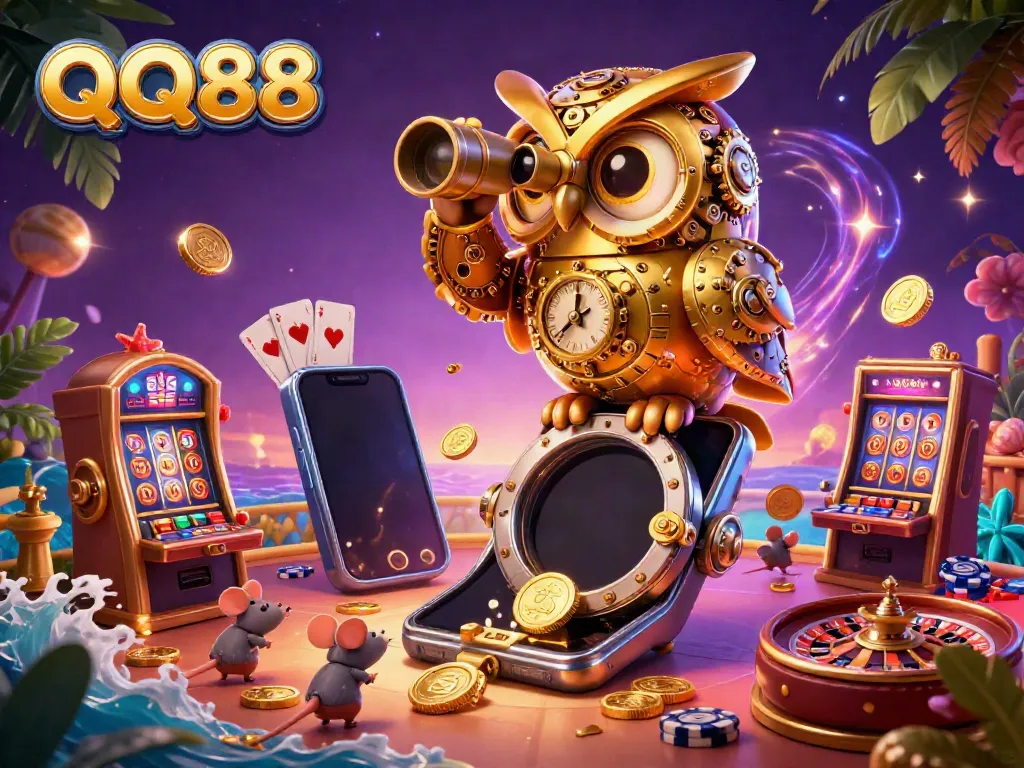 Discover the excitement of QQ88 with a vibrant scene featuring a golden owl, slot machines, and lively casino elements.