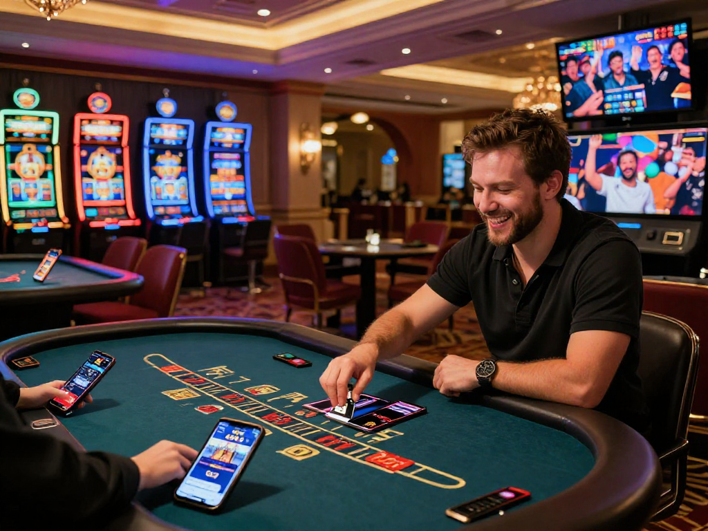 GB 444 online casino player enjoying live blackjack with vibrant gaming atmosphere and smartphone app.