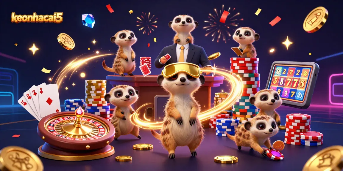 Engage with keonhacai5's vibrant casino adventure featuring meerkats amidst glittering games and joyful winnings.