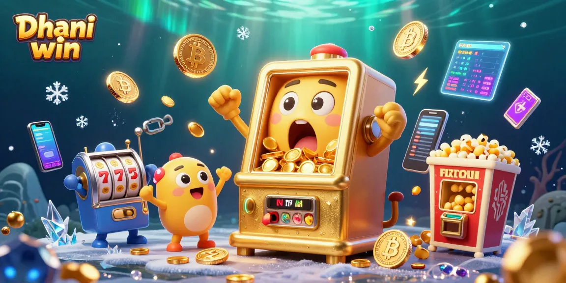 Dhani win slot machine overflowing with coins, featuring cheering machines and Bitcoin elements