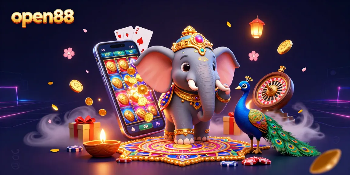 Experience open88 with vibrant 3D casino illustration showcasing games and celebratory elements.