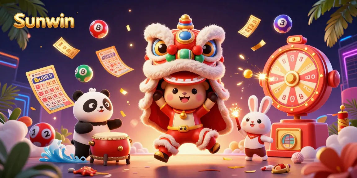 Experience the excitement of Sunwin with vibrant games, including lottery balls and festive characters.