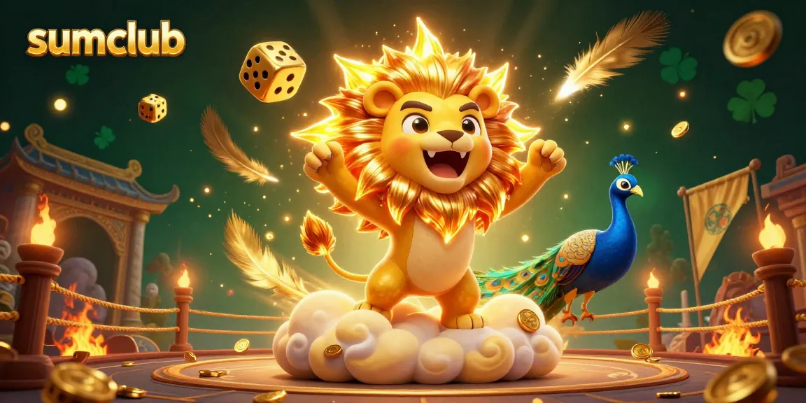 Join the excitement of sumclub with golden dice and casino elements in this vibrant 3D illustration.