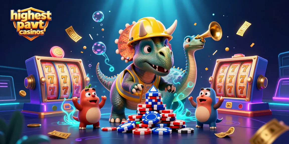 Cheerful scene celebrating highest payout casinos with a triceratops and parasaurolophus among vibrant casino elements.
