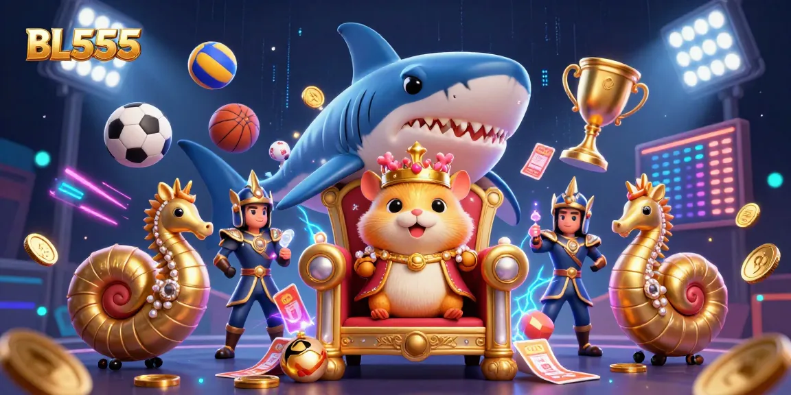 Experience thrilling gaming at BL555 with an epic 3D illustration of a hamster king among sports and casino elements.