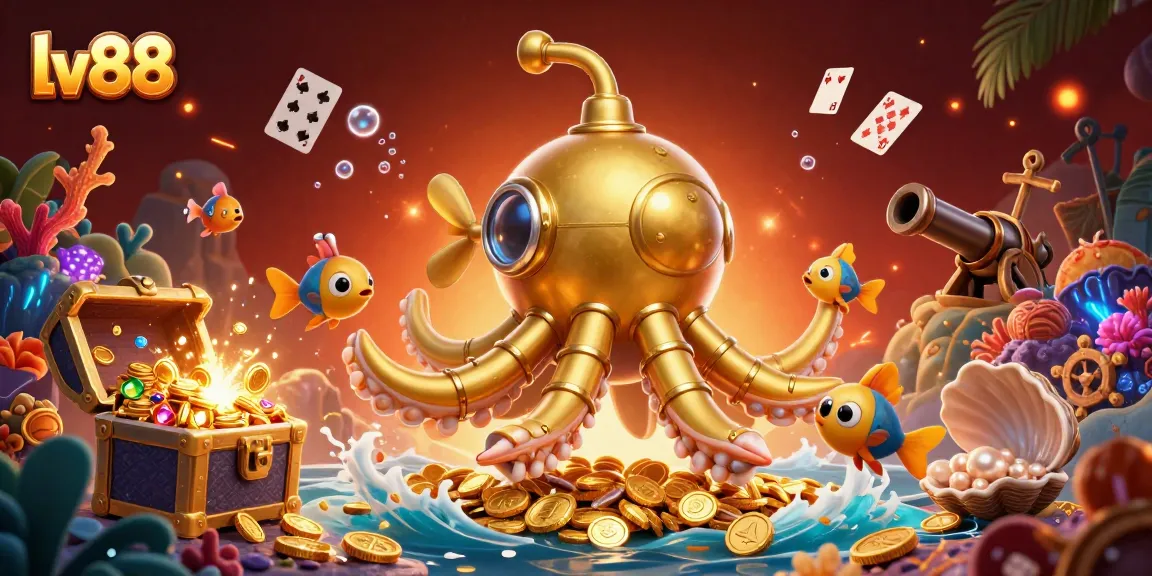 Immerse in the adventure with lv88 as the golden kraken submarine and mechanical fish explore a vibrant treasure-filled sea.