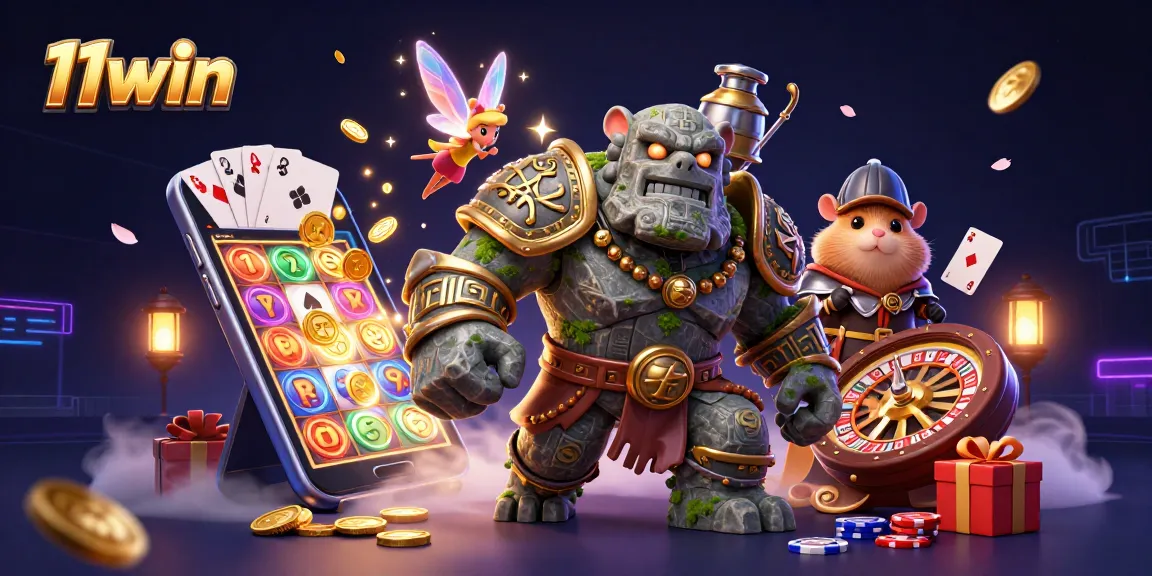 Win big with 11win: A vibrant 3D illustration of casino excitement and magical characters.
