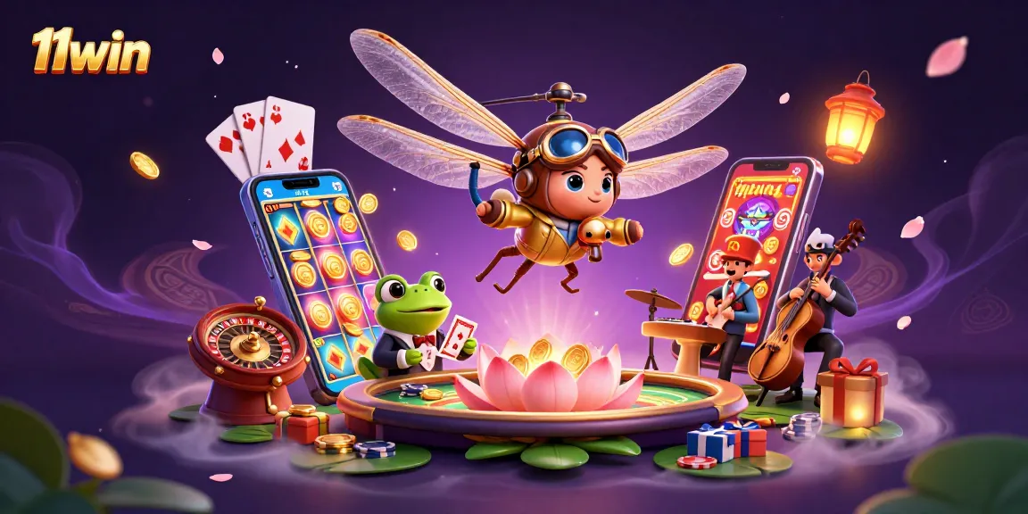 Join the fun at 11win with vibrant casino elements and characters in this dynamic illustration.