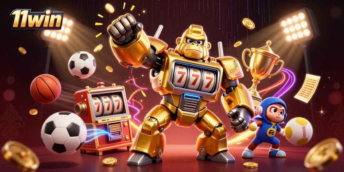 Experience the thrill of 11win with dynamic sports elements and a golden gorilla mech.