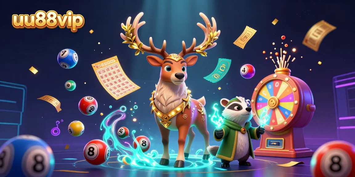 Engage with fun games at uu88vip, featuring a titanic druid stag and colorful lottery elements.