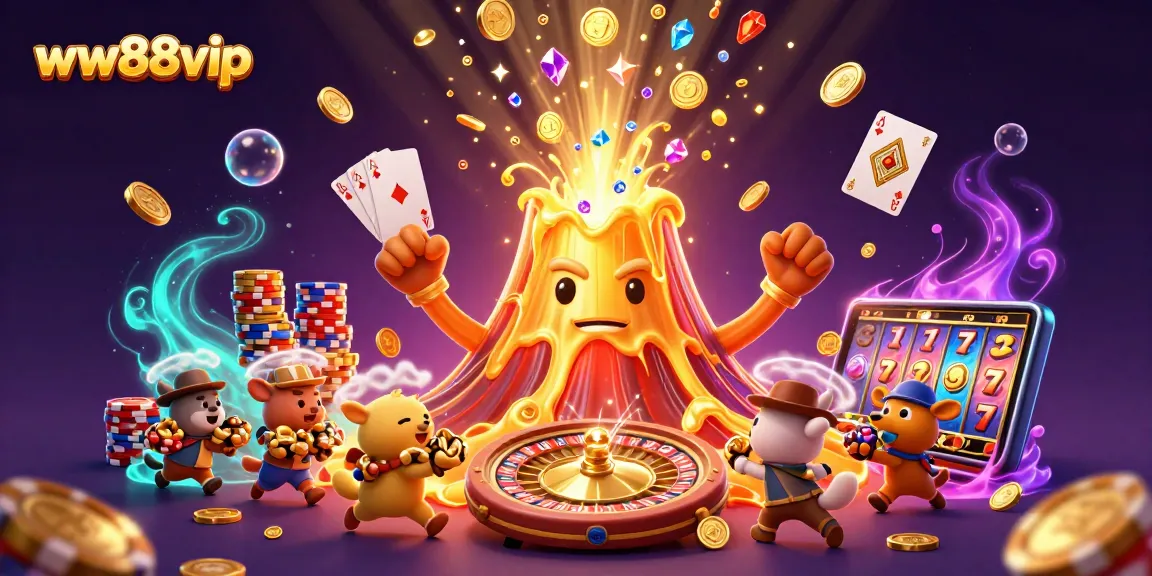 Experience the thrill of ww88vip as a golden volcano erupts with treasures amidst colorful casino elements.