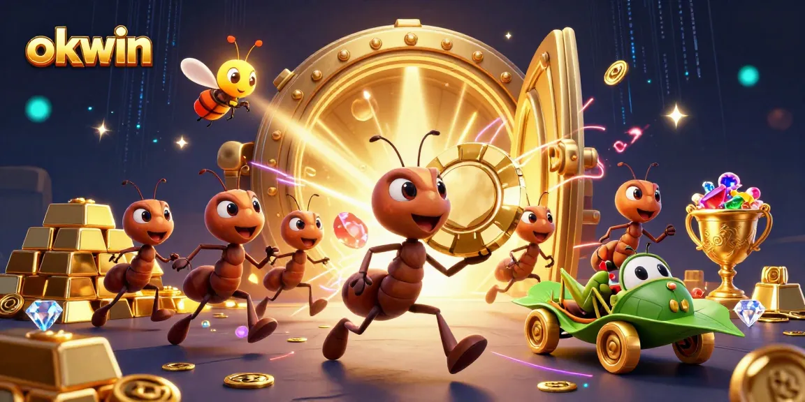 Okwin's ants execute a heist for a giant poker chip amidst treasures, showcasing thrilling casino action.
