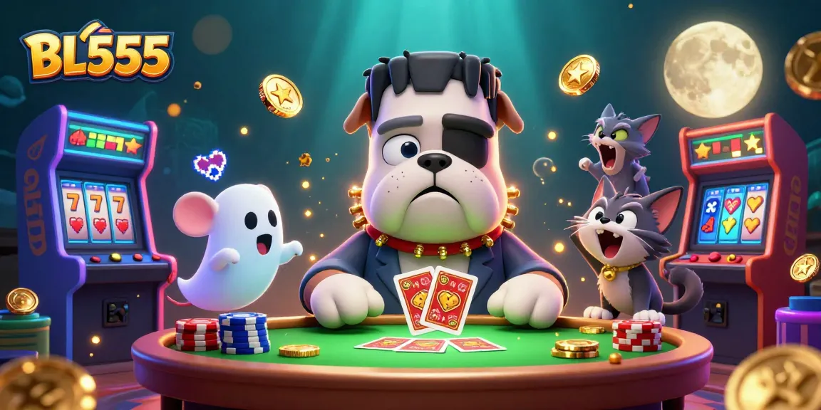 Engage with BL555 at a lively casino scene featuring exciting card games and vibrant game machines.