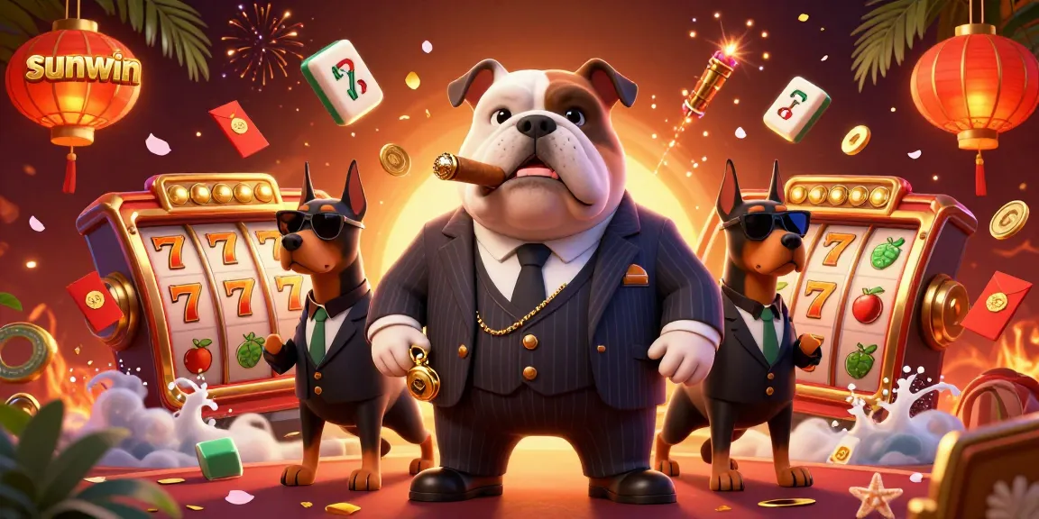 Spin to win with sunwin, featuring a mafia bulldog and Doberman bodyguards amid slot reels.