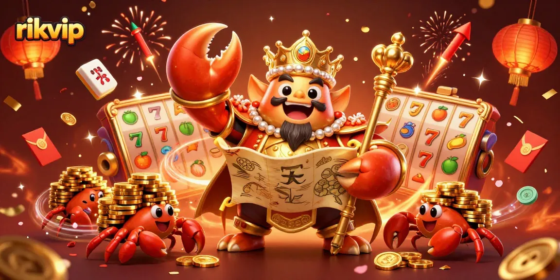 Experience the thrilling world of rikvip with a vibrant 3D casino scene featuring a golden crab emperor surrounded by dynamic game elements.
