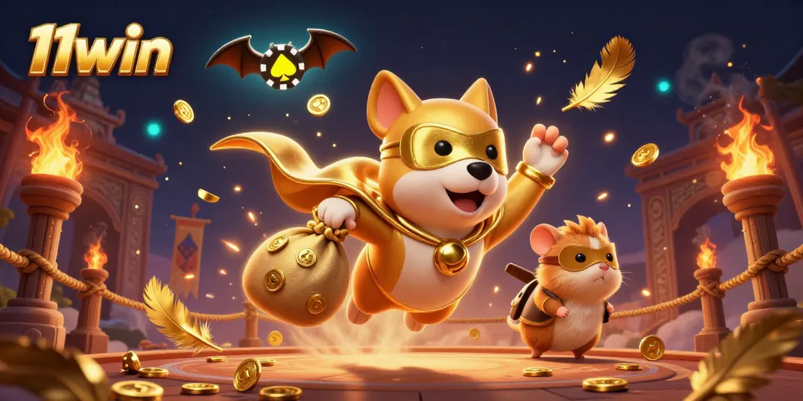 Experience thrilling wins with 11win as the superhero dog delivers gold coins in a vibrant casino adventure.