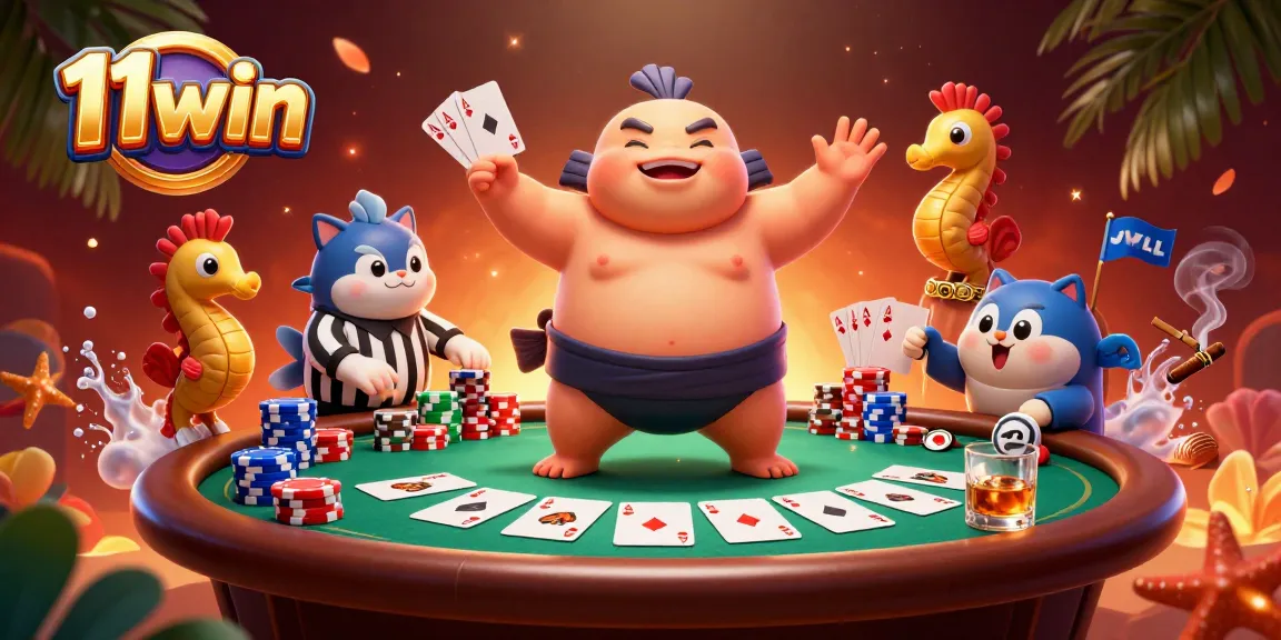 Engage with 11win's vibrant underwater poker scene featuring a fugu and a lively atmosphere.