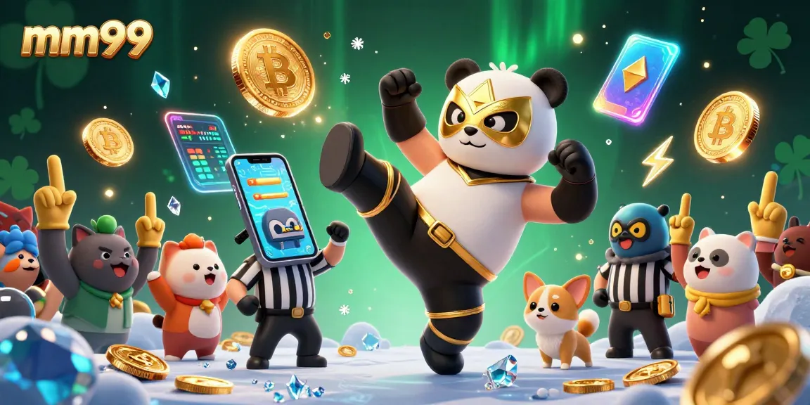 Experience thrilling action with mm99 as a panda wrestler performs a flying kick surrounded by captivating crypto elements.