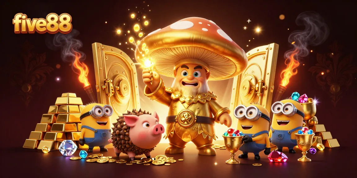 Engage with five88's magical casino treasures in a vibrant 3D scene filled with gold and jewels.