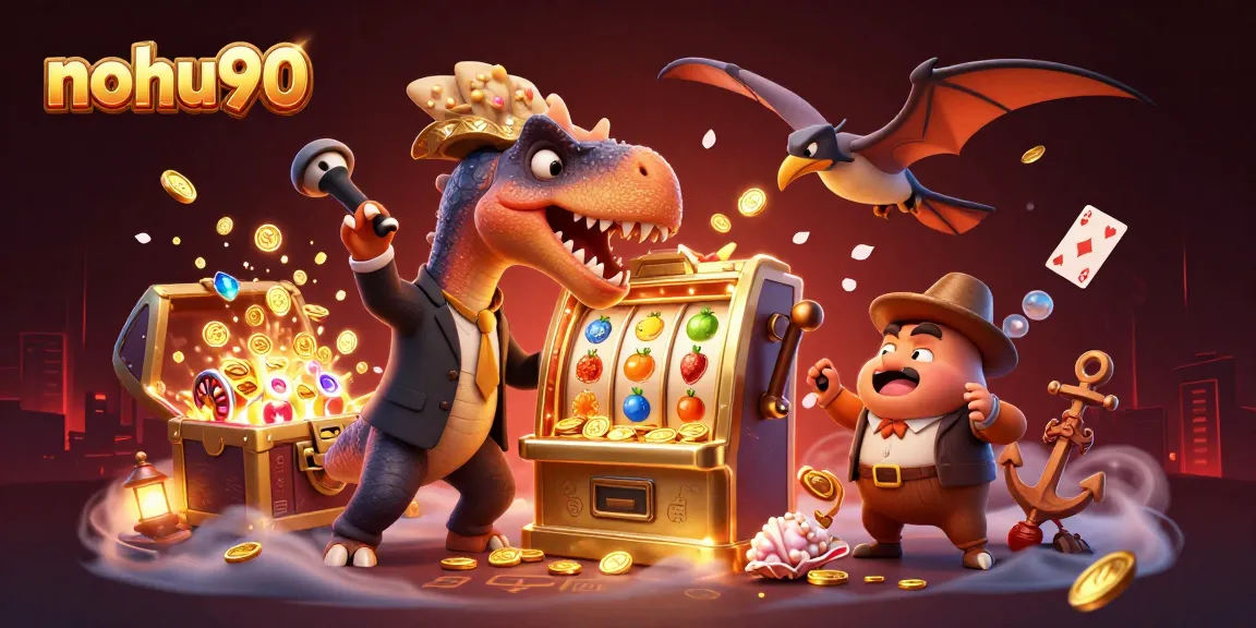 Nohu90 features a pachycephalosaurus winning jackpot coins, surrounded by colorful slot game elements.